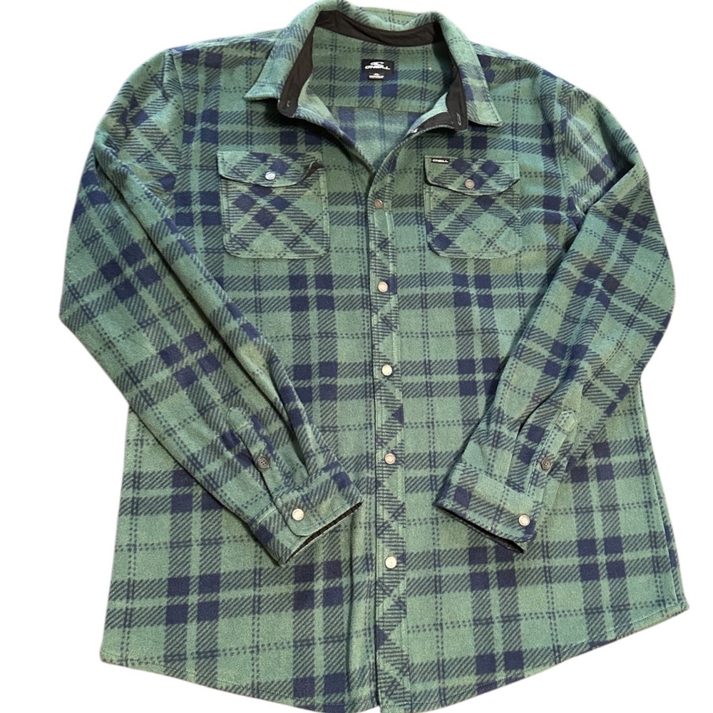 O'Neill Flannel Shirt Mens XL Green Navy Plaid Excellent Snap Front Lumberjack